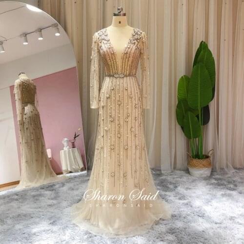 Arabic Gold Mermaid Long Sleeve Evening Dresses 2021 Luxury Dubai Muslim Formal Prom Dresses for Women Wedding Party Guest Gowns