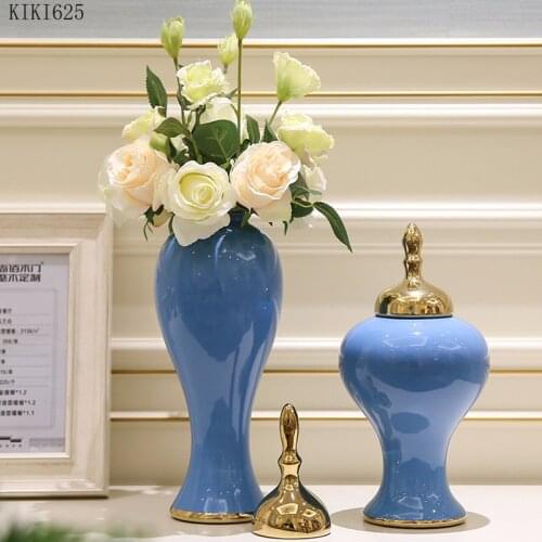 European Style Large Countertop Vase with Cover Flower Arrangement Desktop Ornaments Gilded Flower Vase Wedding Home Decoration