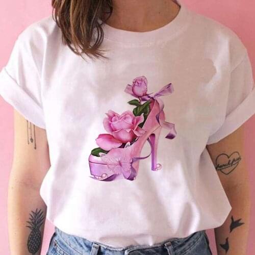 Pink High Heels Flower Print Tops Tee Women T Shirt Retro Exquisite Fashion Cartoon T Shirt Female Modern Women Basic Clothes