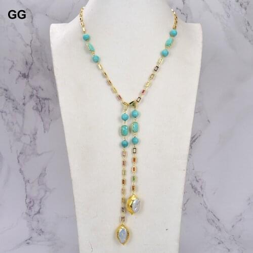 GuaiGuai Jewelry Cultured White Keshi Pearl Amazonite Rectangle CZ pave sweater Chain Long Necklace 38"