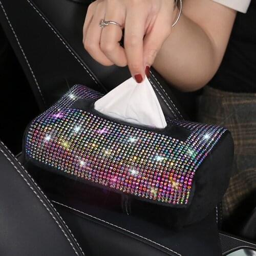 Colorful Rhinestone Car Tissue Box Holder Seat Back Headrest Hanging Tissue Paper Case Diamond Crystal Auto Sunshade Tissue Box