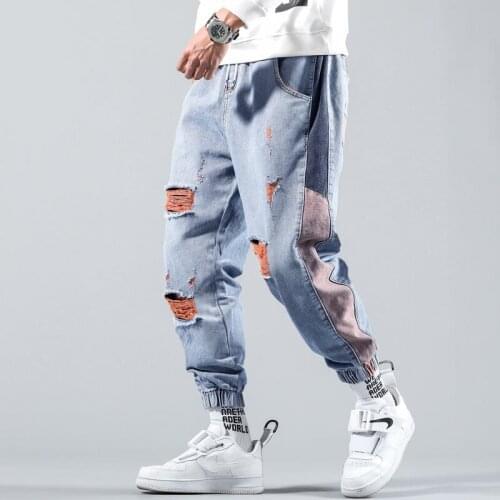Fashion Mens loose jean Harem Ripped Jeans Loose Unique Hip Hop Clothing Quality Outwear Cuffed Denim Pants For Male
