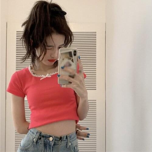 Fashion Short Sleeve Crop Tops Knitted Tee Shirts Slim Pullover Women Square Collar T-Shirts