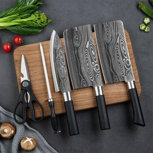 Damascus Kitchen Knvies Set Laser Pattern Chop Bone Meat Cleaver Knife Scissors Butcher Chef Knife Set Stainless Steel