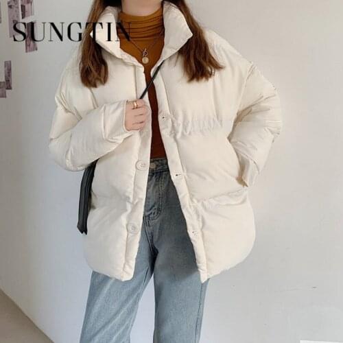 Sungtin Fashion Thicken Warm Parkas Women Oversized Winter Korean Solid Padded Causal Jackets Vintage Stand Collar Loose Coats