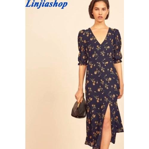 Spring summer women midi dress navy blue floral print split opens dress fashion women chiffon robe femme