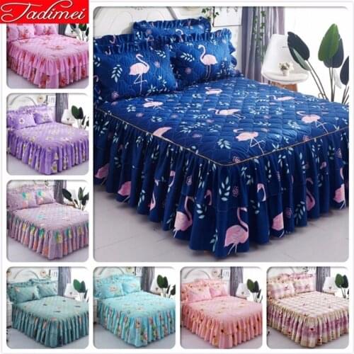 Flamingo Pattern Thick Quilted Bed Skit Adult Kids Girl Cotton Sheet Cover Linen 1.2m 1.5m 1.8m 2m Bedspreads Single Queen Size