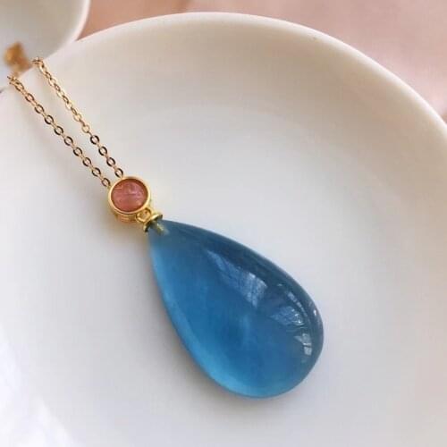 Natural Blue Aquamarine Water Drop Pendant Brazil 29*16.8mm Women 925 Sterling Silver Rhodochrosite Necklace AAAAA