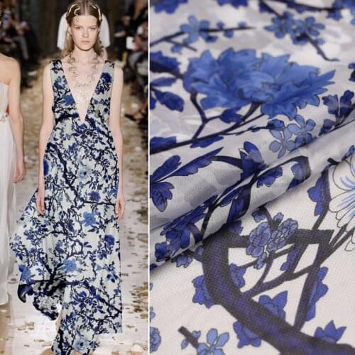 Silk01 Blue White Printed Silk Chiffon Fabric For Silk Dress