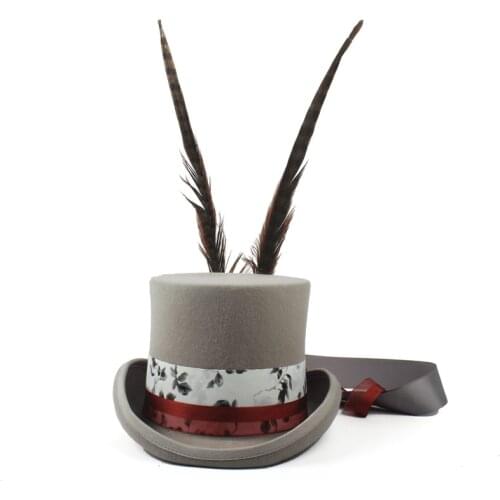 13.5CM Women Men Steampunk Top Hat Grey Fedora Punk Long Feather Millinery Cosplay Goggles Party Magic Cap 4 Size