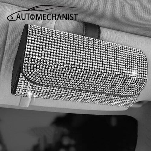 Rhinestone Car Glasses Holder Auto Sunglasses Storage Box Car Sun Visor Organizer For Glasses Auto Sunshade Storage Case
