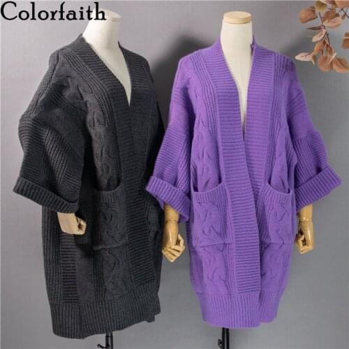 Colorfaith New 2020 Autumn Winter Womens Sweater V-Neck Midi Cardigan Pocket Elegant No Belt Korean Oversize Lady Top SWC1104JX
