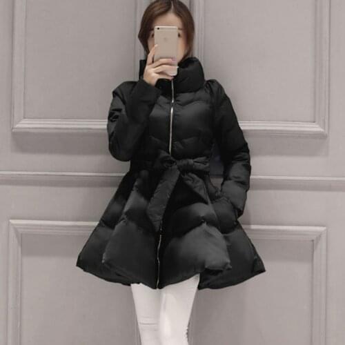 Womens Jacket 2021 New Winter Warm Coat Long Sleeve Zipper Bow Belt Thicken Space Cotton Casual Long Top Female Costume Outwear