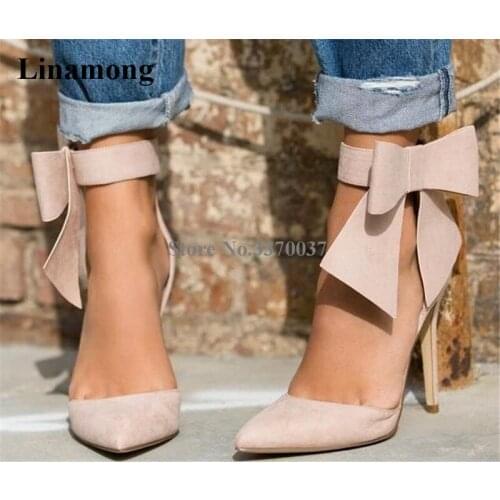 Women Elegant Fashion Pointed Toe Suede Leather Thin Heel Bowtie Pumps Ankle Wrap High Heels Formal Party Dress Shoes