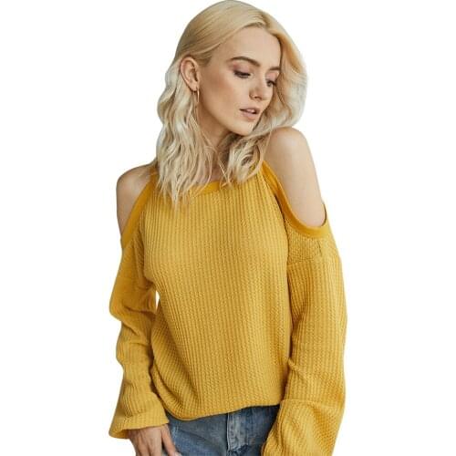Women Off the Shoulder Knit Sweater Long Sleeves Pullover Blouse Tops Autumn Round Neck Loose Hollow Out Tunic Knitting Jumper