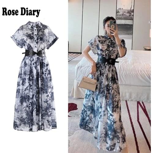 RoseDiary 2021 Summer Autumn Fashion Runway Shirt Dress Womens Short Sleeve Elegant Floral Stripe Butterfly Print OL Midi Dress