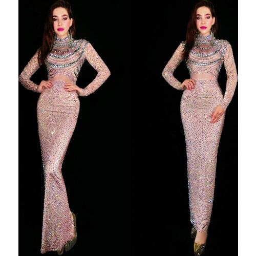 Sparkling Diamond Nude Dress Summer Ladies Floor-Length Spandex Net Gauze Tight Elastic Split Dress Nightclub Costume Stage Wear