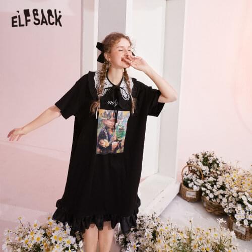 ELFSACK x Victor Nizovtsev Cartoon Straight Casual Sweatshirt Dress Women,2021 Summer Vintage Peterpan Collar,Ruffle Dresses