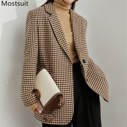 Houndstooth Thick Warm Women Woolen Coat 2020 Winter Notched Collar Single-breasted Korean Vintage Female Wool & Blend Coat