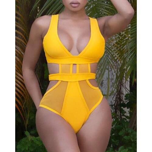 2021 Summer Women Sexy Swimwear See Through Bikini Sheer Mesh Cutout One Piece Cutout Backless Thick Strap One Piece Swimsuit