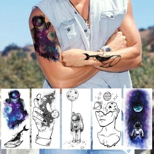 Watercolor Astronaut Temporary Tattoos For Women Men Fake Body Art Arm Tattoos Galaxy Planets Whale Hand DIY Tatoos For Holiday
