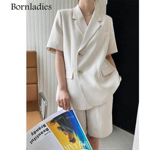 Bornladies 2021 Summer Women Blazer Sets Notched Collar Short Sleeve Jackets & Elastic Waist Shorts Elegant Ladies Shorts Suits