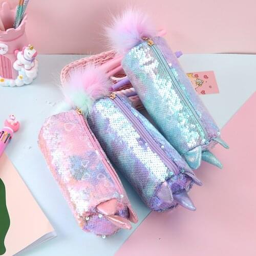 Girl Cartoon Unicorn Pencil Case For School Women Sequin Glittering Makeup Bag Cute Travel Love Cosmetic Toiletry Zipper Bag