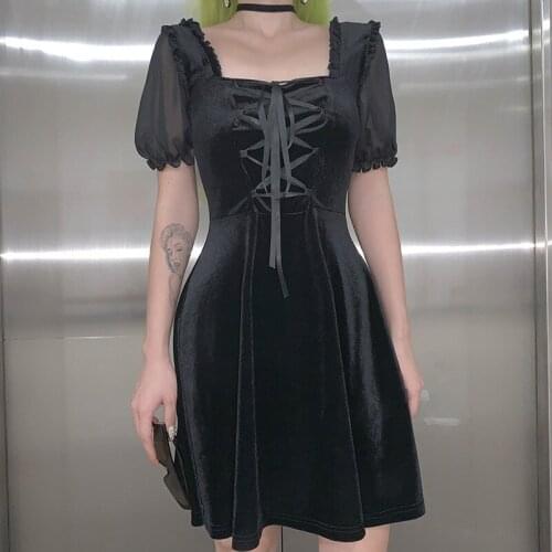 Harajuku Elegant Autumn Women Dress Dark Vintage Punk Gothic Dresses Bandage Puff Sleeve Aesthetic Pleated Transparent Vestidos