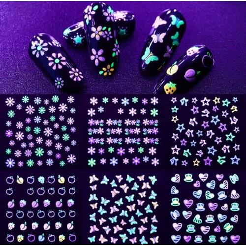 Fluorescent Colors Nail Stickers Butterfly Flower Star Cartoon Decoration Decal 3D Transfer Adhesive Nail Art Tips