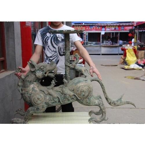 Chinese Royal Bronze Silver-Gilt Dragon Beast Foo Dog Lion Kylin Candleholder