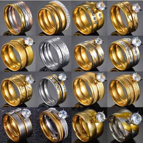 Promise Rings Couple Set Zircon Stainless Steel CZ Engagement Wedding Band Ring for Men Women Lovers' Jewelry Rings Bridal Sets