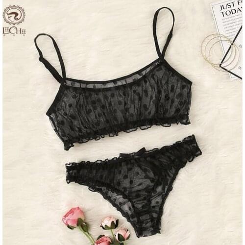 Leechee New Sexy Lingerie Womens Underwear Polka Dot Mesh Ruffles Lingerie Set Full Cup Bra set Bras For Women Erotic Costumes
