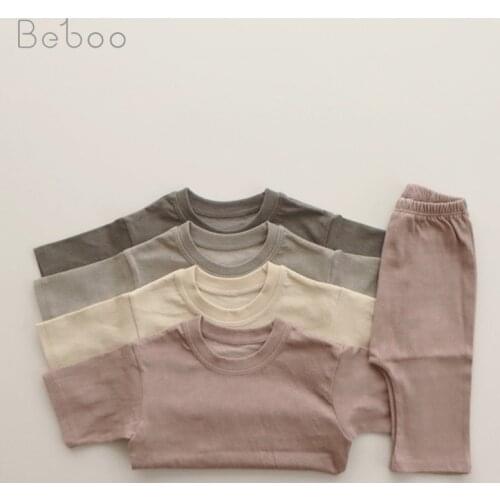 Korea Style Children Home Clothes Sets For Boys And Girls Summer Cotton Short Sleeve Baby Pajamas Suit 2pcs Solid Color Clothing