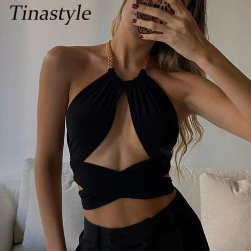 Tinastyle Chains Halter Bandage Crop Top Women Summer 2021 Black Backless Short Party Tank Top Casual Club y2k top Streetwear