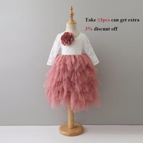 2019 sale Girls Lace Long Sleeves Dress Princess Girl V Back Maxi Dresses Girl Grey Tulle Puffy Costumes for Wedding Birthday