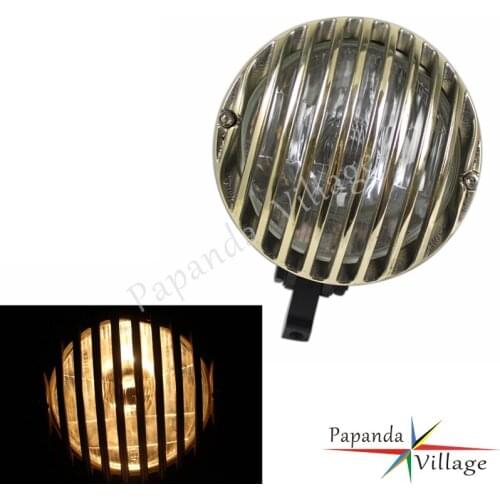 Papanda Black Brass Motorcycle 12V Headlight Finned Grilled H4 High/ Low Beam Head Lamp for Harley XS650 Bobber Chopper