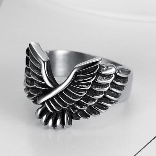 Megin D Vintage Personality Flying Eagle Feathers Stainless Steel Rings for Men Women Couple Friend Fashion Design Gift Jewelry