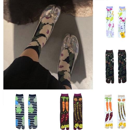 New Womens Two Toe Socks Striped Cube Number Flower Strawberry Combed Cotton Art Cute Funny Creative Middle Tube Tabi Socks