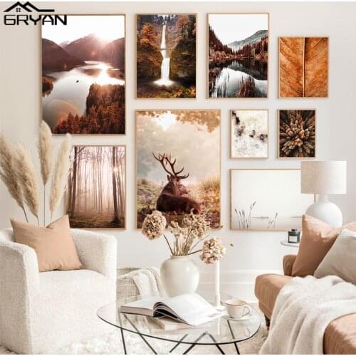 Autumn Leaf Waterfall Lake Poster Deer Reed Sunlight Forest Canvas Prints Tree Top Painting Artsy Wall Art Landscape Picture