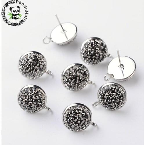 Half Round Brass Grade A Rhinestone Ear stud Components Platinum Color Earring Findings, 18x14x5~6mm, Hole: 2mm; Pin: 0.9mm