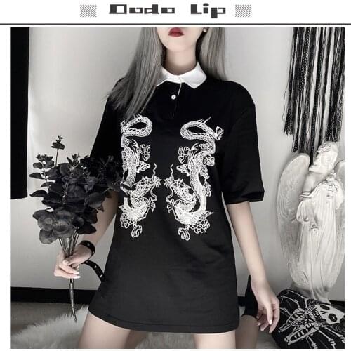 Harajuku Sexy Black Polo shirts Women Streetwear Gothic Dragon Print Bodycon Tops Casual Female Summer Long shirt short dress