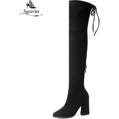 Sgesvier Women Boots 2018 Autumn Winter Fashion Slim Thick Heel Shoes Over The Knee Thigh Stretch Kid Suede Long Boots OX550