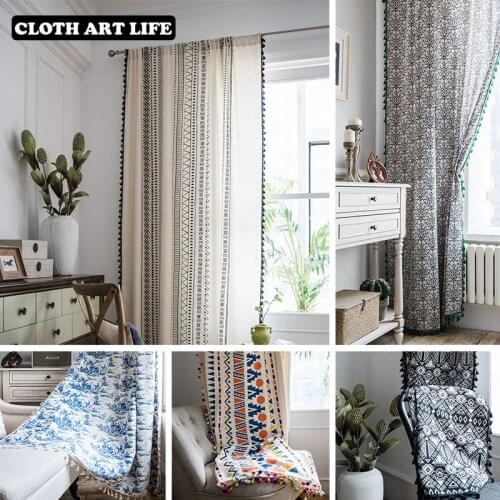 Boho Curtains for Bedroom Bohemian Kitchen Curtains with Tassel Cotton Linen Country Style Living Room Half Blackout Curtains