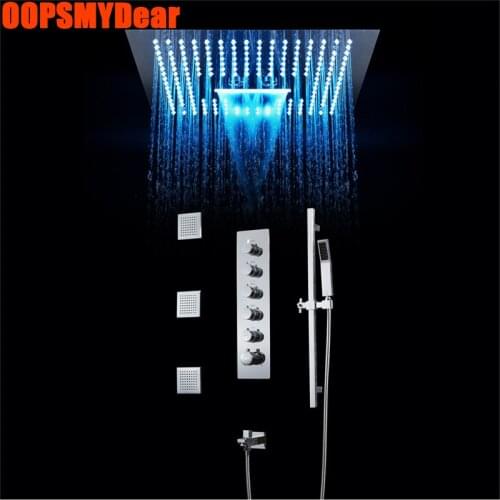 LED Thermostatic Shower System Bathroom Hot Cold Mixer Shower Set Wall Mount SPA Ceiling Rainfall Bath Faucet Square Head Taps