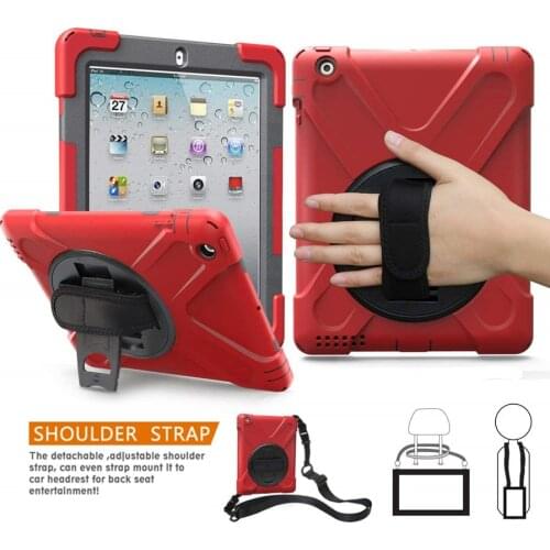 For iPad 3 Shockproof Case Heavy Duty Full Body Rugged Hybrid Cover Hand Strap+Neck Strap for iPad 4/iPad 3/iPad2 with Kickstand