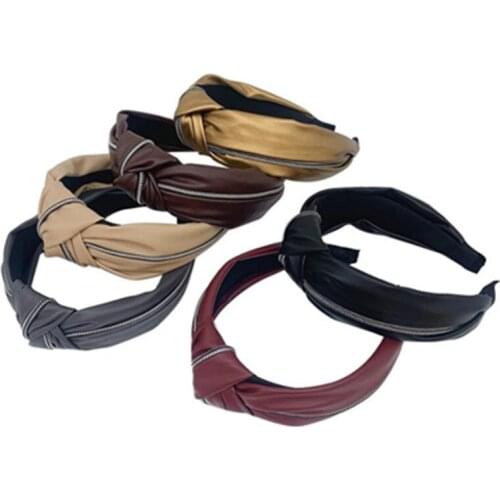 Vintage Style Hair Ornament PU Hairbands Knot with Zippers Decorated Women Hair Accessories Solid Leather Headband Top Bow Knot
