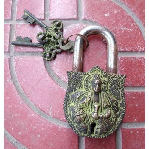 Vintage Bronze ancient Lock Key Case Door protect Lucky deities Bless guard
