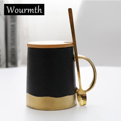 Wourmth Nordic Retro Mugs With Lid Ceramic Matte Teacup Saucer Set Office Coffee Cup Creative Black and Gold Mug Porcelain 380ML