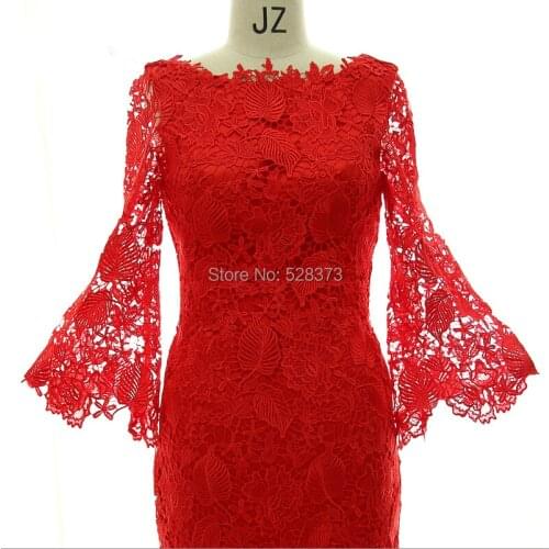YNQNFS MD4 Real Photos Mermaid Tight 3/4 Sleeves Tea Length Mother of the Bride/Groom Lace Dresses Outfit Red