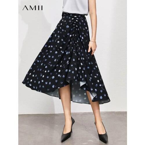Amii Minimalism Autumn Skirts For Women Elegant High Waist Dot Letter Printed Skirt Flods Asymmetry Womens Skirts 12140424